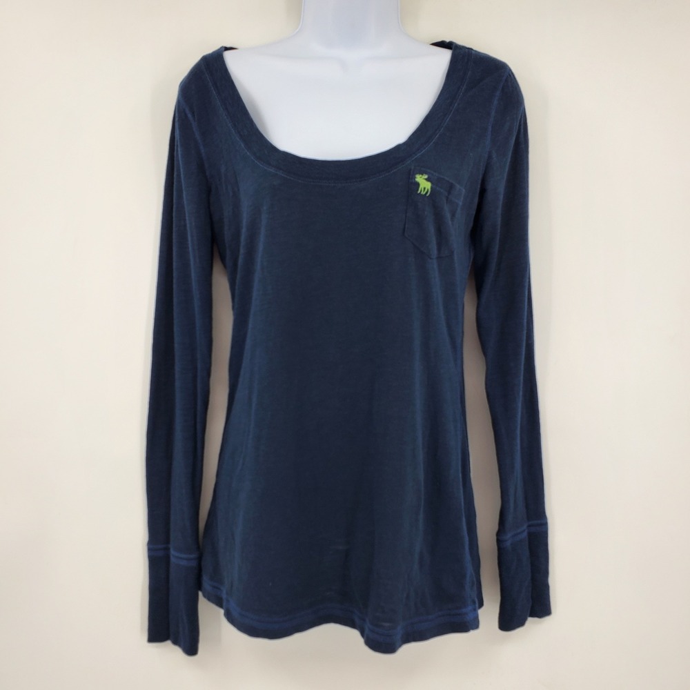 Abercrombie & Fitch Y2K Navy Blue Long Sleeve Scoop Neck Pocket Tee M Grunge